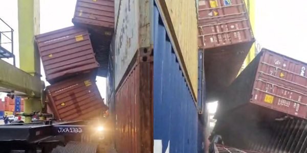 Contêineres despencam sobre cabine no Porto Chibatão e causam pânico entre funcionários; veja vídeo